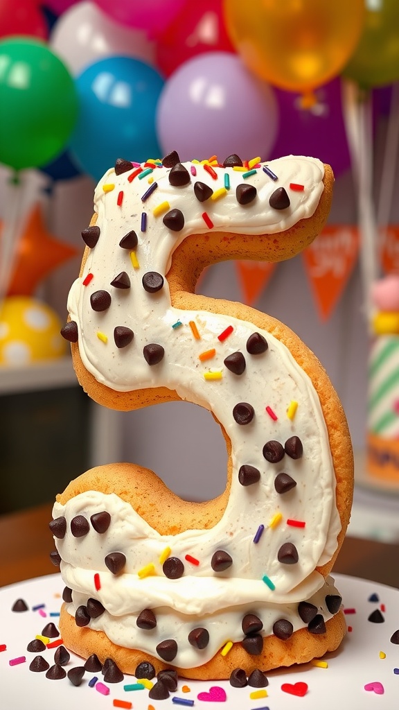 A cookie number cake shaped like the number 5, decorated with frosting and sprinkles, on a festive table.